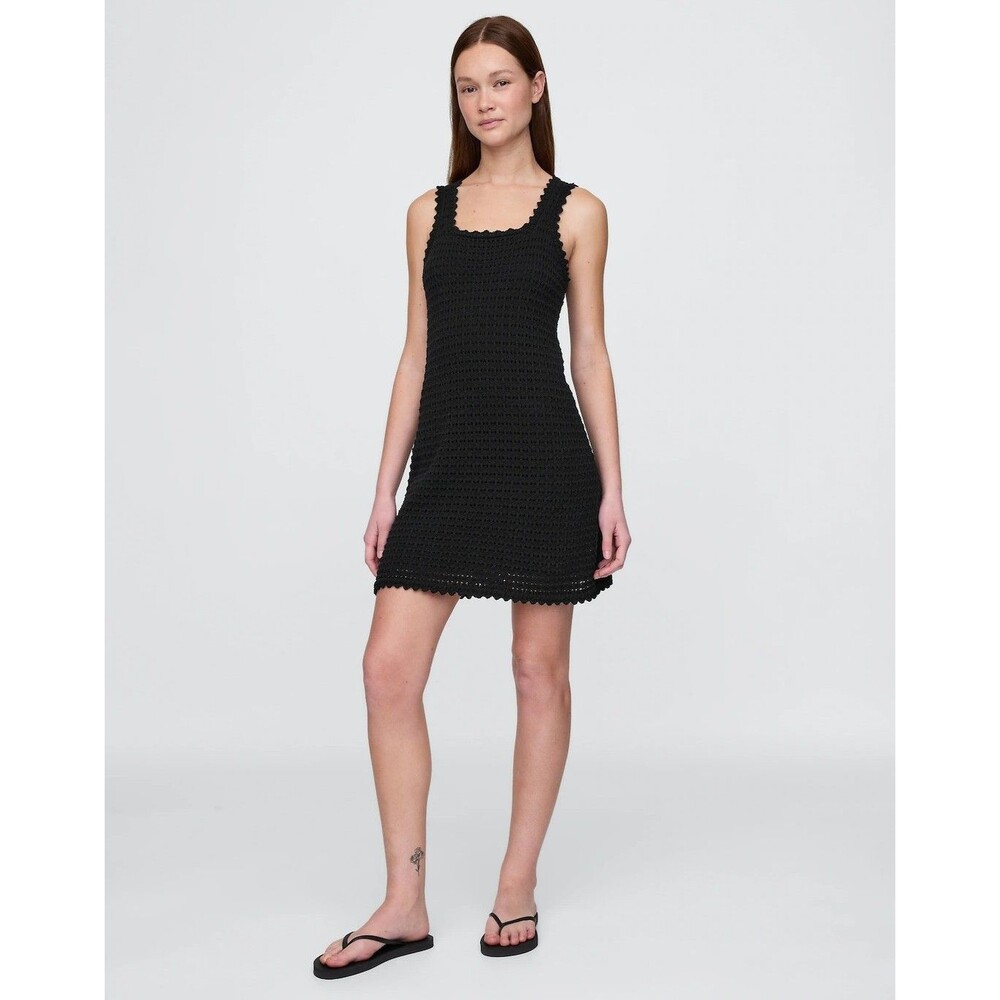New Gap Dress Size‎ Large Black Crochet Knit Square Neck Midi Sleeveless Lined